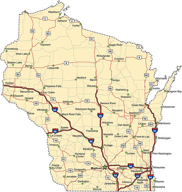 Wisconsin Highway Map (vector) Highway map of the state of Wisconsin with Interstates and US Routes.  It also has lines for state and county routes (but not labeled) and many cities on it as well.  All cities are the County Seats and the Capitol.  wisconsin stock illustrations