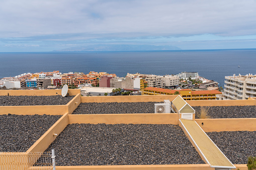 Tourist resorts at Costa Adeje at south Tenerife island, view into the sea. Canary islands