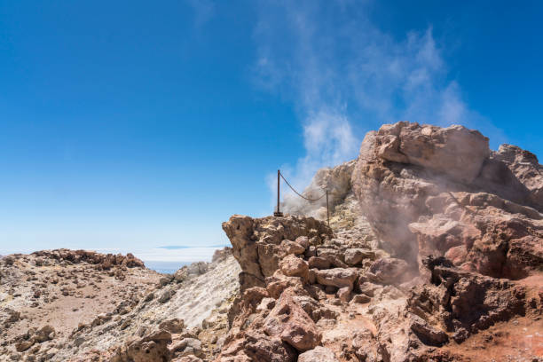 the top of volcano Pico de Teide against clear blue sky, smoke coming out of the top of crater.