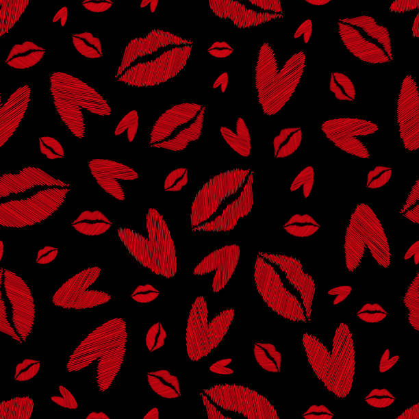 Vector scribbled lips and hearts seamless pattern background. Red black backdrop with pencil drawing style female kiss and heart motifs. Scattered Valentine icon repeat for romance, love, celebration. Vector scribbled lips and hearts seamless pattern background. Red black backdrop with pencil drawing style female kiss and heart motifs. Scattered Valentine icon repeat for romance, love, celebration all over pattern stock illustrations
