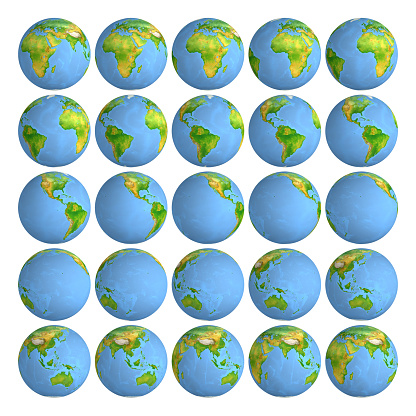 25 frames rotating planet Earth. Globe. World map. Isolated on white background. 3d render