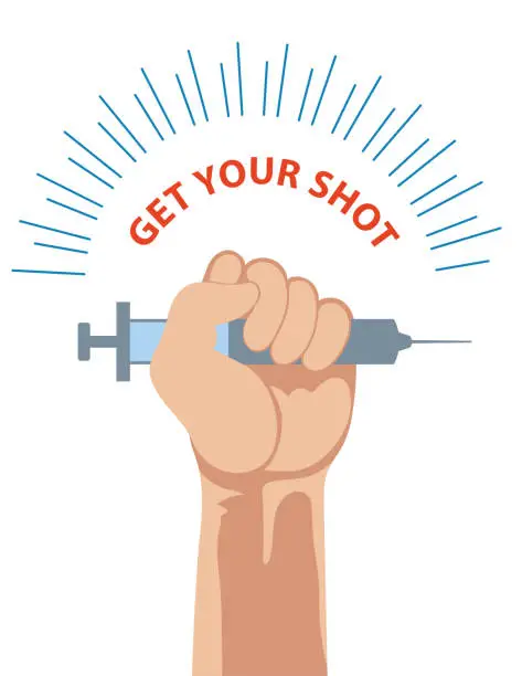 Vector illustration of Fist Holding Up A Syringe With Vaccine On A Transparent Background