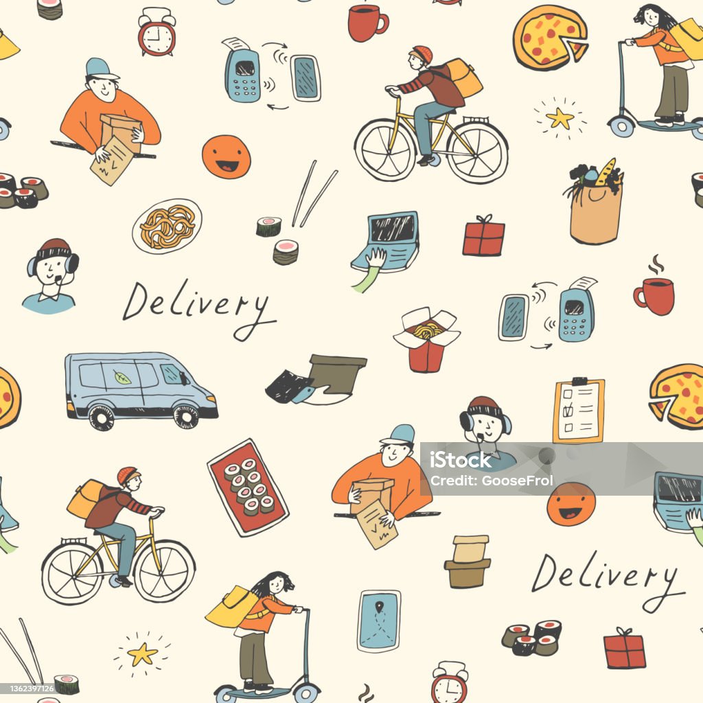 Delivery people and objects, food, gifts vector illustrations seamless pattern - Royalty-free Adamlar Vector Art Delivery people and objects, food, gifts vector illustrations seamless pattern - Royalty-free Adamlar Vector Art