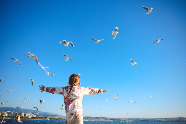 Young girl feeding the seagulls at the beach.