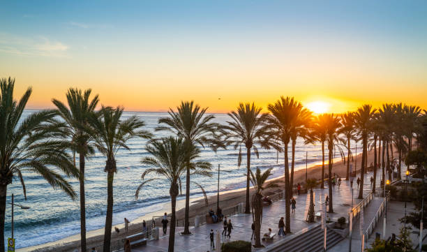 marbella sunset beach in playa de la fontanilla a malaga ha avuto origine - provincia di málaga foto e immagini stock