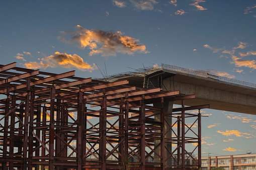 Industrial , Frame Structure for new concrete Bridge . Construction sideline