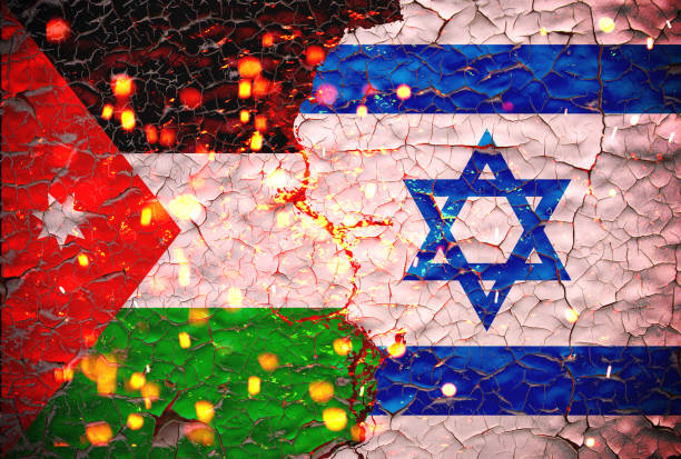 istock Grunge Israel vs Jordan national flags icon pattern isolated on broken cracked wall background, abstract international political relationship friendship divided conflicts concept wallpaper. 1362400256