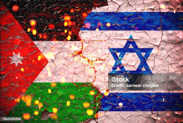 Grunge Israel Vs Jordan National Flags Icon Pattern Isolated On Broken Cracked Wall Background Abstract International Political Relationship Friendship Divided Conflicts Concept Wallpaper Stock Photo - Download Image Now