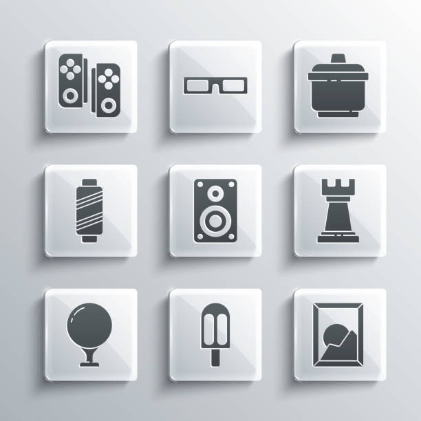 stockillustraties, clipart, cartoons en iconen met set ice cream, picture landscape, business strategy, stereo speaker, golf ball on tee, sewing thread spool, gamepad and cooking pot icon. vector - control room