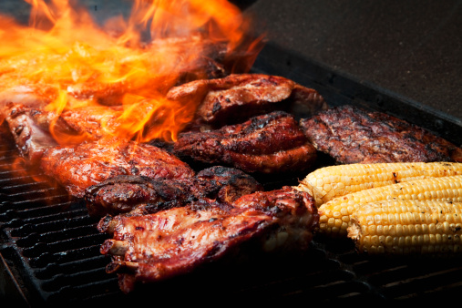 Barbecue Grill, fire, ribs, sweet corn