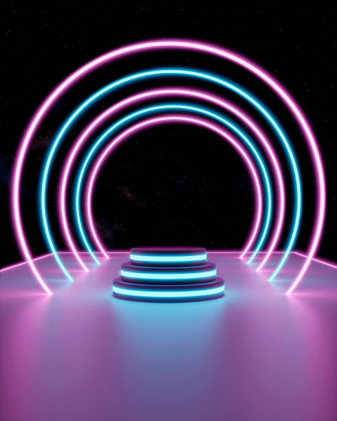 istock 3d illustration, glowing podiums on an abstract cosmic neon background glowing laser arcs on platform 1362401858