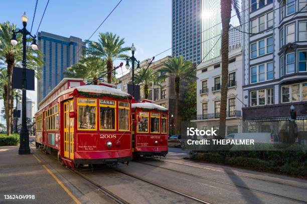 New Orleans Street Cars In Canal Street Stock Photo - Download Image Now - New Orleans, Cable Car, French Quarter