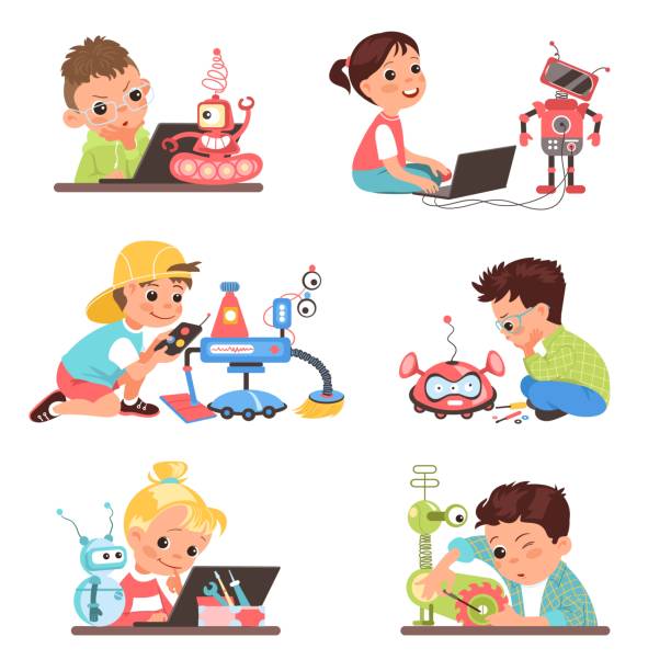 ilustrações de stock, clip art, desenhos animados e ícones de children assemble robots. cute kids electronic radio club, little programmers make mechanical toys, happy engineers characters, clever boys and girls vector cartoon flat isolated set - babies and children audio