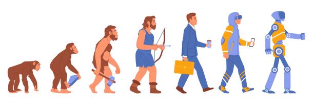 ilustrações, clipart, desenhos animados e ícones de evolução masculina. estágios de desenvolvimento humano. primata e ancestral histórico. trabalhador ou androide. as pessoas progridem. sequência de macaco para robô. vetores humanidade intermediário evoluir passos definidos - mankind