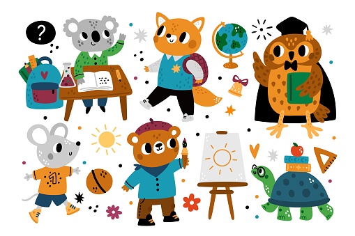 Cute school animals. Kids cartoon characters with educational supplies. Students study or paint. Wise owl in mantle. Turtle with books. Mouse play with soccer ball. Vector creatures set