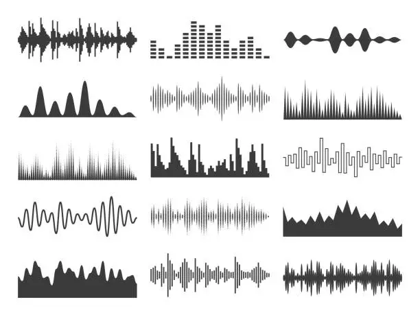 Vector illustration of Black sound waves. Music tracks. Beats graphic presentation. Electronic audio signals frequency. Stereo signals forms. Musical recorder abstract symbols. Vector equalizer waveforms set