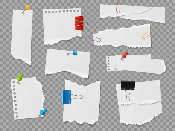 Vector illustration of Pinned note paper. Realistic stationery elements. 3D pages with ragged edges attached with buttons and clips. Sheets scraps on transparent noticeboard. Vector reminder notepapers set
