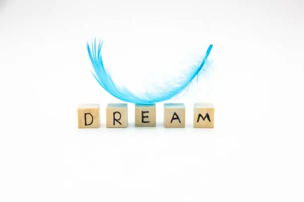Photo of Beautiful blue feather on wooden cubes with the word DREAM against white background
