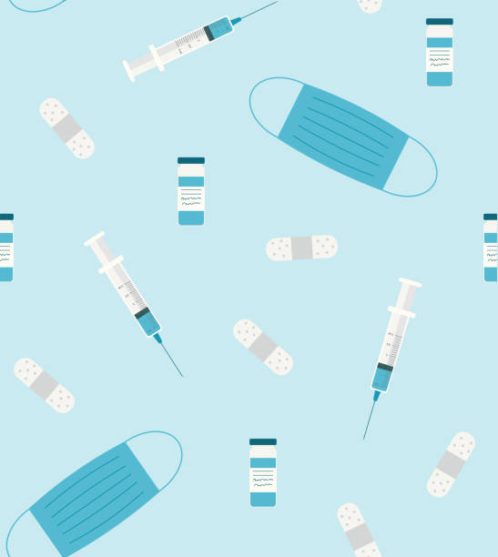 Abstract medicine seamless vector pattern with syringe, face mask, plaster and vaccine on light blue background. Abstract medicine seamless vector pattern with syringe, face mask, plaster and vaccine on light blue background hypo stock illustrations