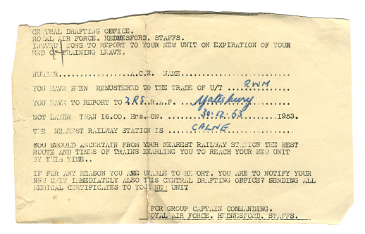 Old notice of posting to new RAF station for National Serviceman in 1953