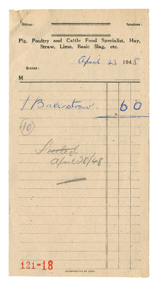Receipt from an English agricultural merchant for one bale of straw costing six shillings (6/-), dated April 23rd 1948 (Saint George’s Day in England). Apparently, the bill was “Sittled” on April 28th! (Identifying details removed.)