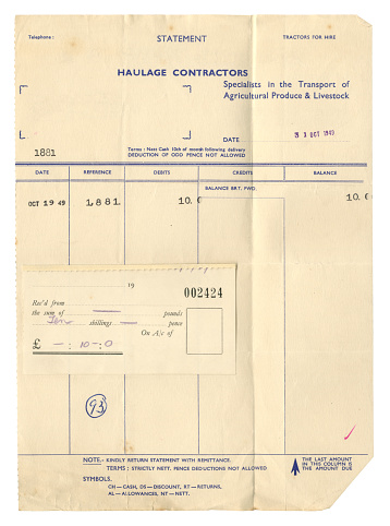 Receipted bill from an English agricultural transport company for ten shillings (10/-) dated 1949. (Identifying details removed.)