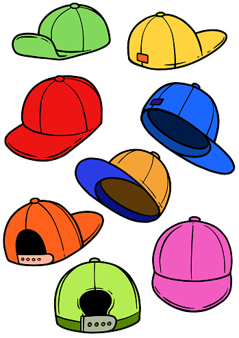 A selection of hand drawn Baseball Caps in different colours and angles.