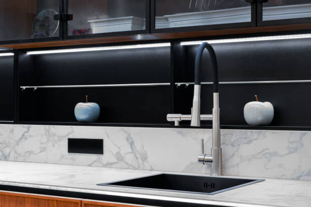 istock Kitchen interior, modern kitchen with a luxury mixer, breakfast concept, kitchen background, concept of healthy eating, interior of modern kitchen in gray blue tone 1362418476
