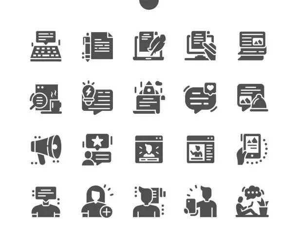 Vector illustration of Blog. Content searching. Streaming, rating, profile, add user, blogger. Communication and network. Vector Solid Icons. Simple Pictogram