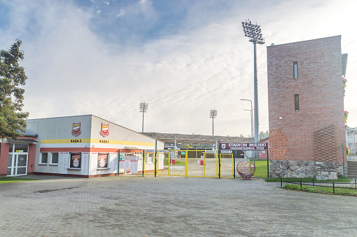 Chojnice, Poland - September 22, 2021: Entrance to Chojniczanka sport city stadium.