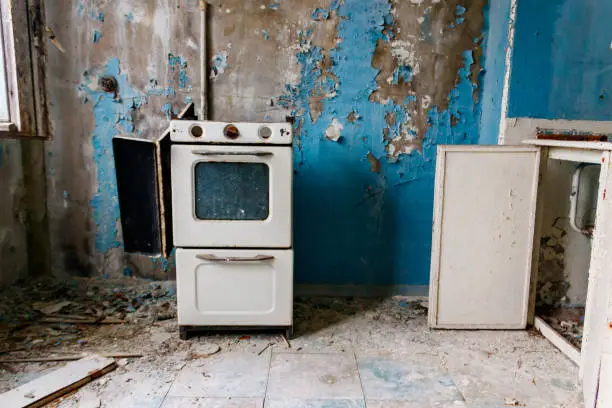 Kitchen of abandoned apartment in the ghost town Pripyat in Chernobyl Exclusion Zone, Ukraine