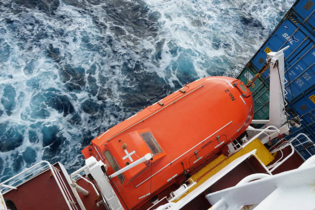 Orange colour life boat with reflective tape stickers observed from top. Pacific Ocean 08 29 2021: Orange colour life boat with reflective tape stickers observed from top secured with davits and safety hooks on merchant cargo container vessel sailing through Pacific Ocean. muster station stock pictures, royalty-free photos & images