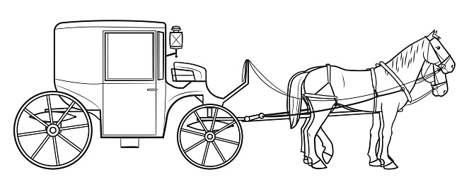 Simplified picture of classic wild west horse pulled vehicle. Outlined contour in black colour isolated on white background.