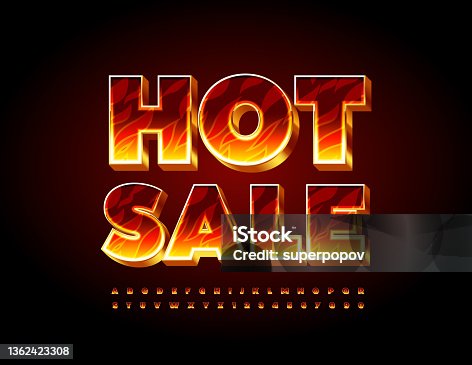 istock Vector bright Banner Hot Sale. Flaming Alphabet Letters and Numbers set 1362423308