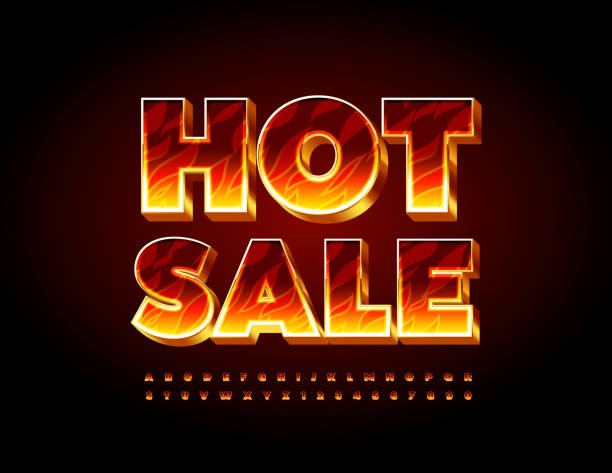 Vector bright Banner Hot Sale. Flaming Alphabet Letters and Numbers set Burning 3D Font fire stock illustrations