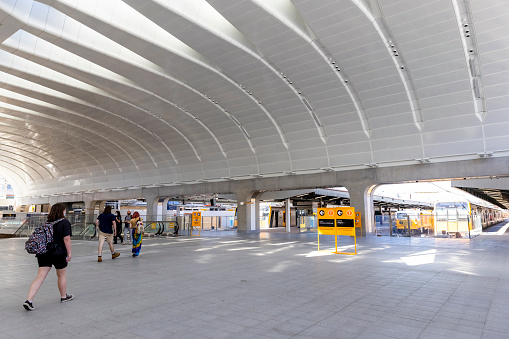 Sydney, Australia - January 02, 2022: Central train station new modern upgrade with escalator and travellers