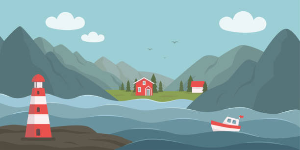 ilustracja krajobrazu norwegii - mountain sea house landscape stock illustrations