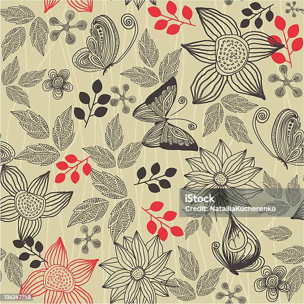 Seamless Retro Floral Background Stock Illustration - Download Image Now - Animal Markings, Black Color, Butterfly - Insect