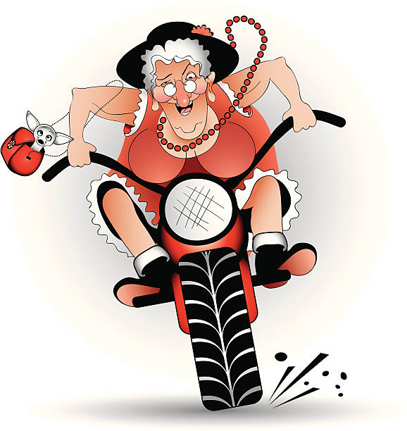 ilustraciones, imágenes clip art, dibujos animados e iconos de stock de mad grandma en bicicleta - grandmother