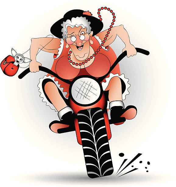 illustrazioni stock, clip art, cartoni animati e icone di tendenza di pazza nonna sulla bici - grandmother