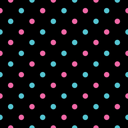 Vector seamless pattern of pink and teal spots in rows on a black square background.
