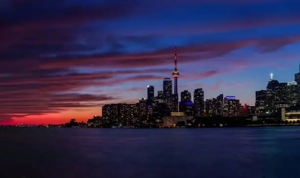 Photo of Panoramic view of the busy city of Toronto, after sunset from Lake Ontario, Canada