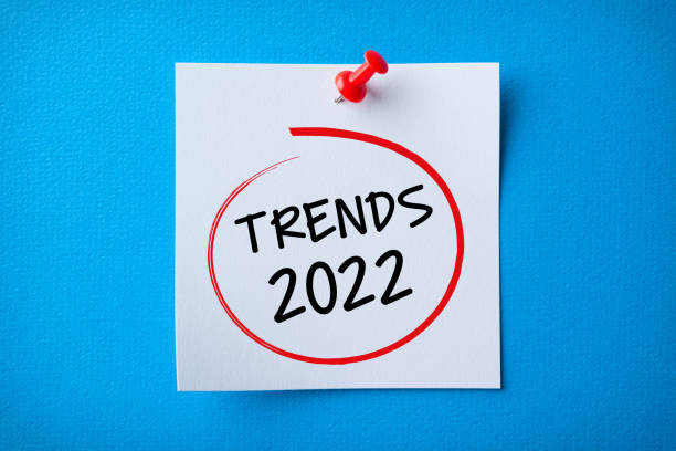 istock Trends 2022 Word in Yellow Sticky Note on Blue Background 1362430552