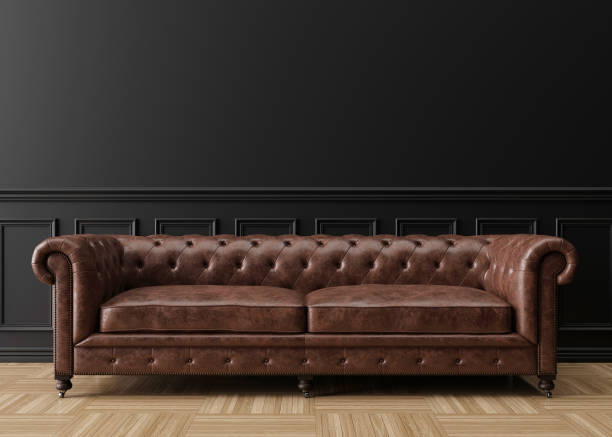 istock Empty black wall in modern living room. Mock up interior in classic style. Free space, copy space for your picture, text, or another design. Brown leather sofa. 3D rendering. 1362437715