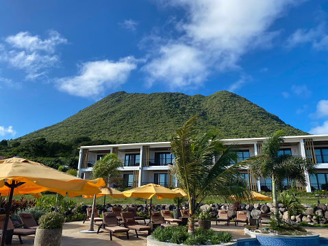 Oranjestad, St. Eustatius-December 04-2021: Golden Rock Resort is the new hotel on the island on the foot of Quill mountain, it's recently opened and open for tourist to come