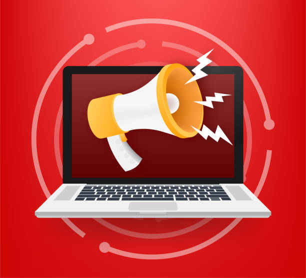Flat illustration with megaphone laptop for marketing advertising design. Marketing announcement. Flat isometric vector illustration. Flat illustration with megaphone laptop for marketing advertising design. Marketing announcement. Flat isometric vector illustration release notes stock illustrations