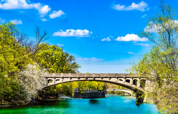 View on turquoise Isar river and maximilian bridge in Munich - Germany