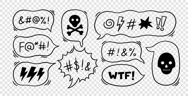 Comic speech bubble with swear words symbols. Hand drawn speech bubble with curses, lightning, skull, bomb and bones. Vector illustration isolated in doodle style on transparent background Comic speech bubble with swear words symbols. Hand drawn speech bubble with curses, lightning, skull, bomb and bones. Vector illustration isolated in doodle style on transparent background. disgusted stock illustrations