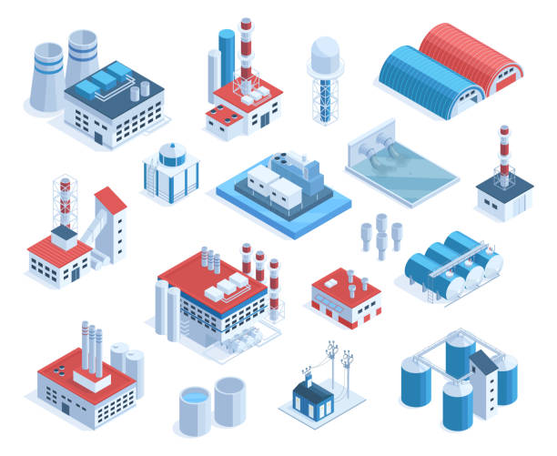 ilustraciones, imágenes clip art, dibujos animados e iconos de stock de fábrica isométrica 3d, planta, edificios de molinos, tuberías industriales y almacén. edificios de plantas de producción, instalaciones industriales conjunto de ilustración vectorial. estructuras de fábrica - central eléctrica