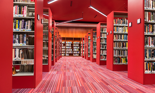 Modern library with books on the bookshelves.